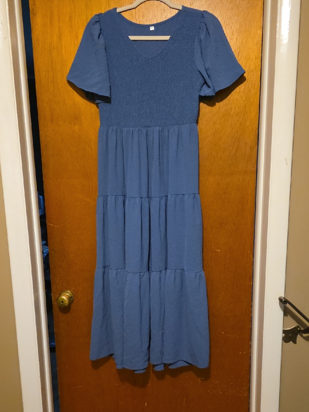 Blue Tiered Midi Dress with Puff Sleeves